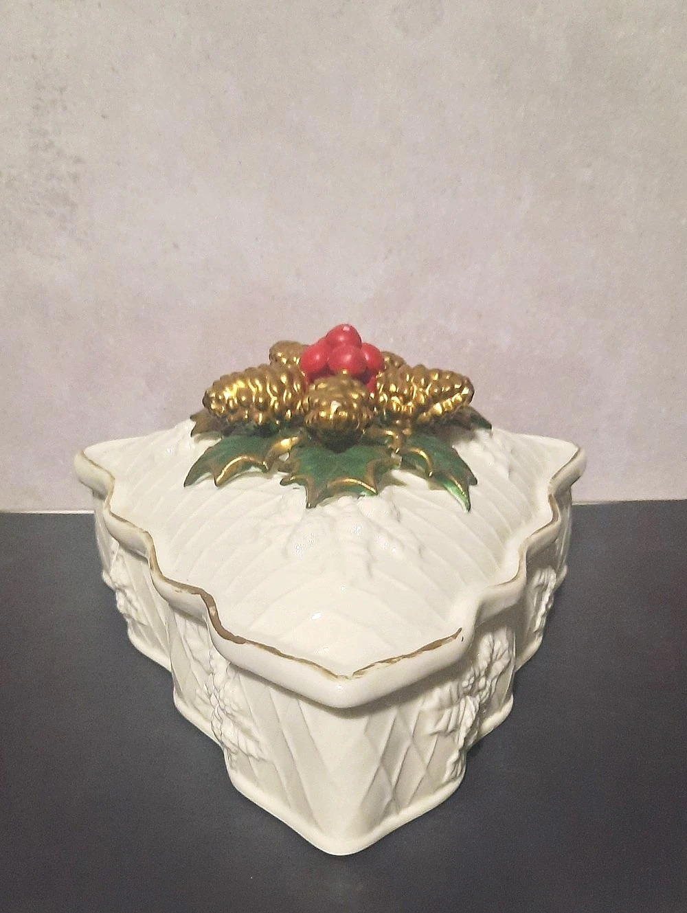 Vintage White & Gold Christmas Tree Shaped Covered Trinket Dish